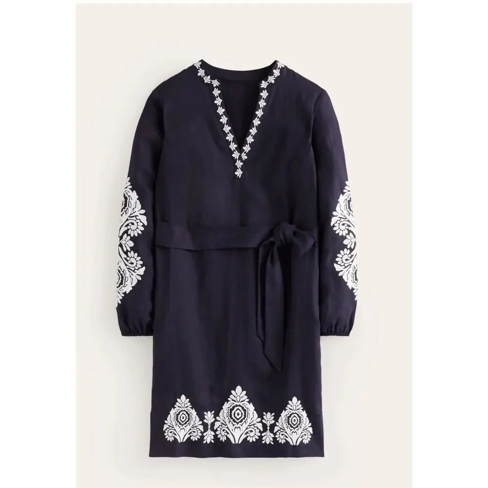 Boden Cleo Embroidered Linen Dress Navy White Long Sleeve Belted Size 14 - Picture 2 of 10